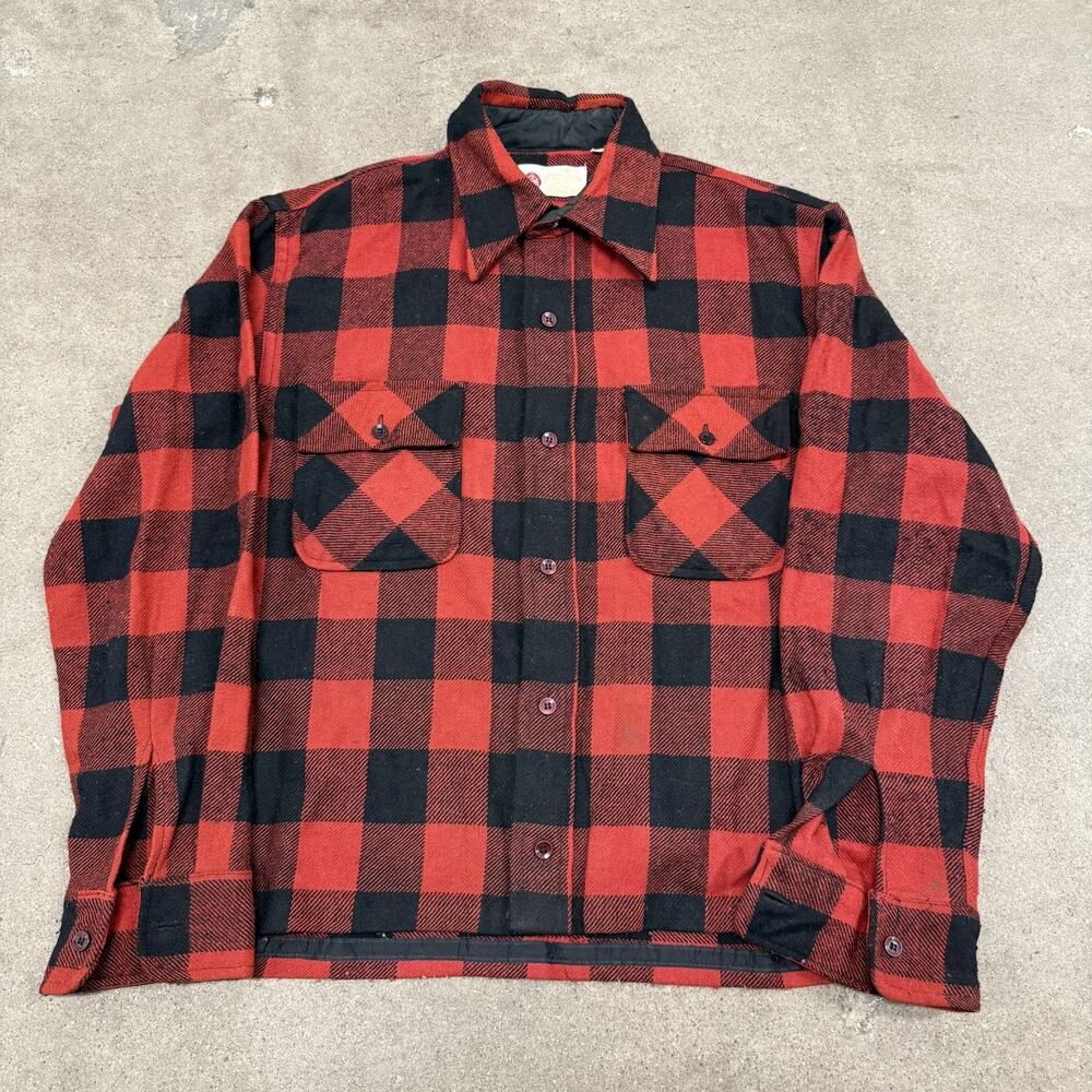 Vintage 60s Kings Road Sears Plaid Wool Thick Flannel Long Sleeve Shirt Red XL